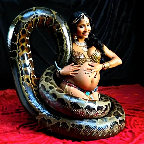 Pregnant Happy Horny, aroused 1girl), beautiful kneeling indian young teen belly dancer girl  with  giant colossal black Titanboa squeezing her hard, wrapped in thick spiraling coils, constricted, struggle, gasping for air, snake attack, snake peril, moonl...