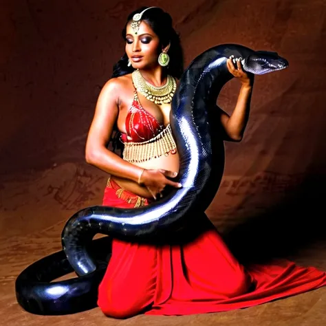 Pregnant Happy Horny, aroused 1girl), beautiful kneeling indian young teen belly dancer girl  with  giant colossal black Titanboa squeezing her hard, wrapped in thick spiraling coils, constricted, struggle, gasping for air, snake attack, snake peril, moonl...