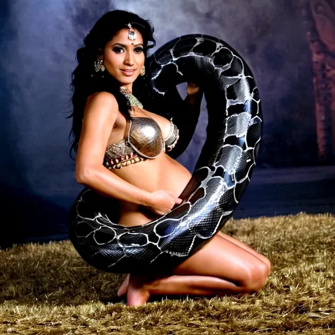 Pregnant Happy Horny, aroused 1girl), beautiful kneeling indian young teen belly dancer girl  with  giant colossal black Titanboa squeezing her hard, wrapped in thick spiraling coils, constricted, struggle, gasping for air, snake attack, snake peril, moonl...