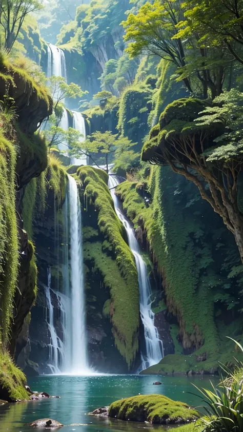 Waterfall conveys four adventurers natural fantasy landscape fairy green, golden ratio, animated detail, delicate, QuixelMegascans trend, perfect image, super high resolution, perfect composition, detailed, super color, (high detail skin: 1.2), 8k ultra hi...