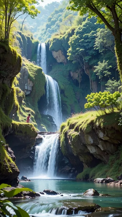 Waterfall conveys four adventurers natural fantasy landscape fairy green, golden ratio, animated detail, delicate, QuixelMegascans trend, perfect image, super high resolution, perfect composition, detailed, super color, (high detail skin: 1.2), 8k ultra hi...