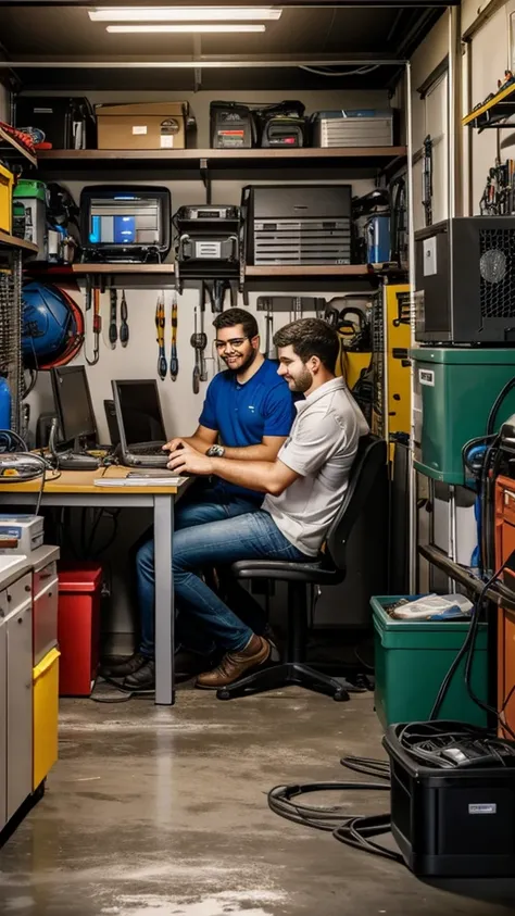 Two men sitting beside a computer in a garage room