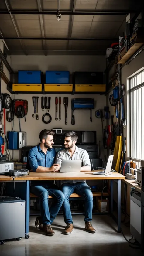 Two men sitting beside a computer in a garage room