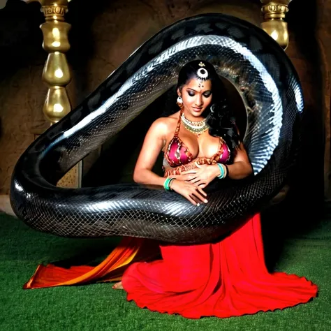 Pregnant Happy Horny, aroused 1girl), beautiful kneeling indian young teen belly dancer girl  with  giant colossal black Titanboa squeezing her hard, wrapped in thick spiraling coils, constricted, struggle, gasping for air, snake attack, snake peril, moonl...