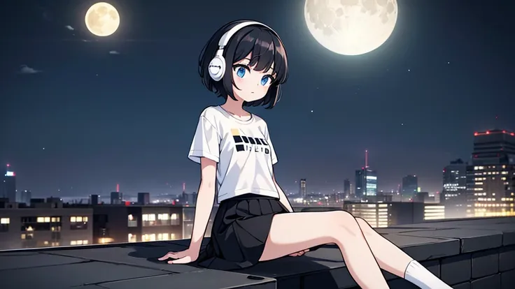 1girl, solo, blue eyes, (detailed eyes), flat chest, short hair, black hair ((white t-shirt)), simple t-shirt, black skirt, black socks, upper body, ((masterpiece, illustration, best quality)) sitting on the rooftop during night time with the shiny moon in...