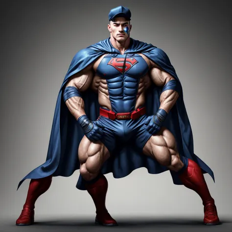 a realistic 3d male model in full body composition, wearing a full body hero suit and cape in the pattern of a professional base...