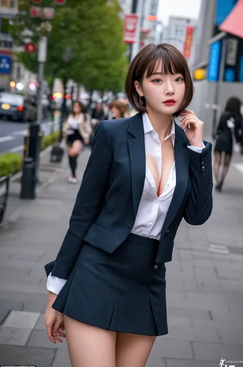 a 19 year old face of the most beautiful actress in the world, the perfect body proportions of a female, blazer is worn with formal shirt on female upper body, female crotch in panties between bare legs are seen a little thanks to skirt is too short, the s...