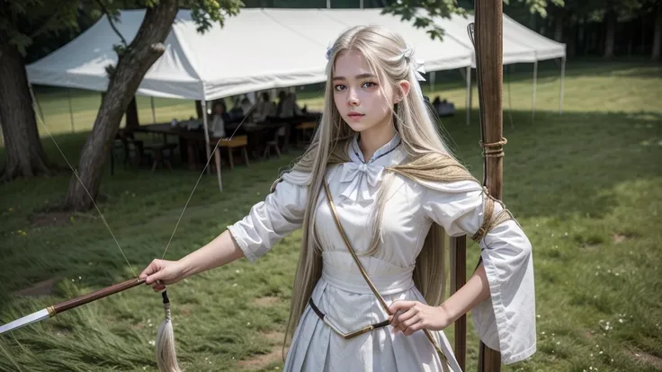 16-year-old woman, with long hair having a white shade, eyes with a white iris. carrying a bow on her back, with typical clothing of an archer from medieval times, at the bottom of a large grass bar. create a realistic image, with attention to detail and y...