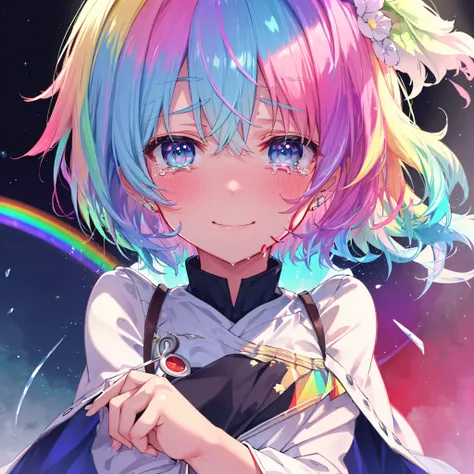 (((Extreme close-up　tears　smile　Hold a knife with both hands　Bleeding on the cheek)))　((輝くtears　Rainbow Hair　Rainbow Eyes　Short Hair　Receiving the light　smile　Rainbow light　Aurora))　(Shining Edge　Pillar of Light)