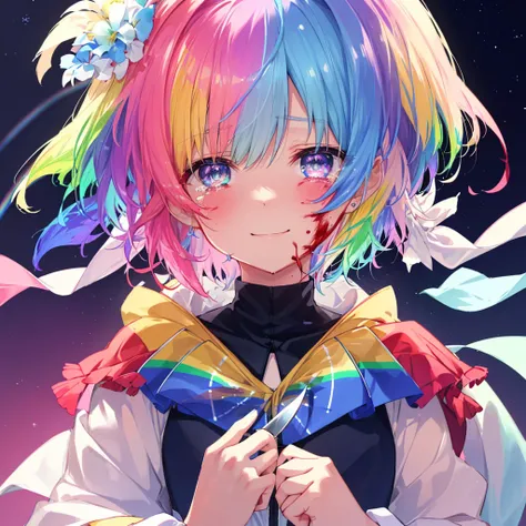 (((Extreme close-up　tears　smile　Hold a knife with both hands　Bleeding on the cheek)))　((輝くtears　Rainbow Hair　Rainbow Eyes　Short Hair　Receiving the light　smile　Rainbow light　Aurora))　(Shining Edge　Pillar of Light)