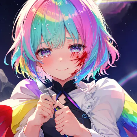 (((Extreme close-up　tears　smile　Hold a knife with both hands　Bleeding on the cheek)))　((輝くtears　Rainbow Hair　Rainbow Eyes　Short Hair　Receiving the light　smile　Rainbow light　Aurora))　(Shining Edge　Pillar of Light)