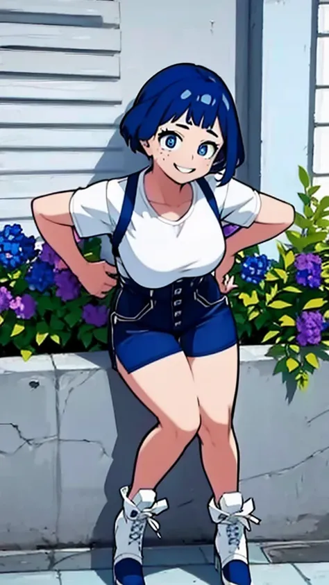 Girl, blue hair, blue eyes, short hair, flowers earrings, freckles, big boobs ,white t shirt, mini shorts, white high heels, thicc, standing smiling.