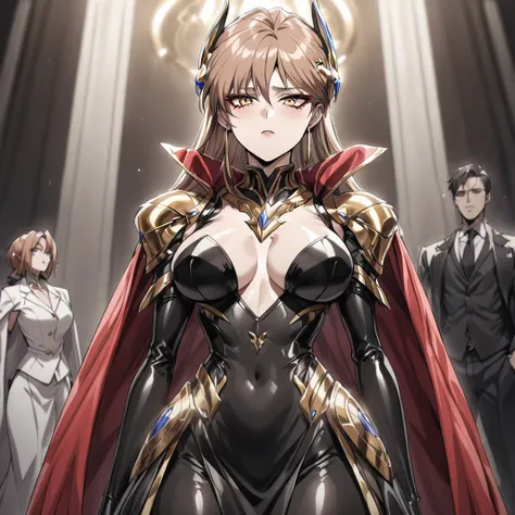 ((Highest quality)), ((masterpiece)), (detailed), （Perfect Face）、The woman is Princess Leona, with medium-long light brown hair, wearing a shiny, flashy, sexy, revealing black dress bodysuit, an open-front skirt, a cape, a headgear, lipstick and makeup, an...