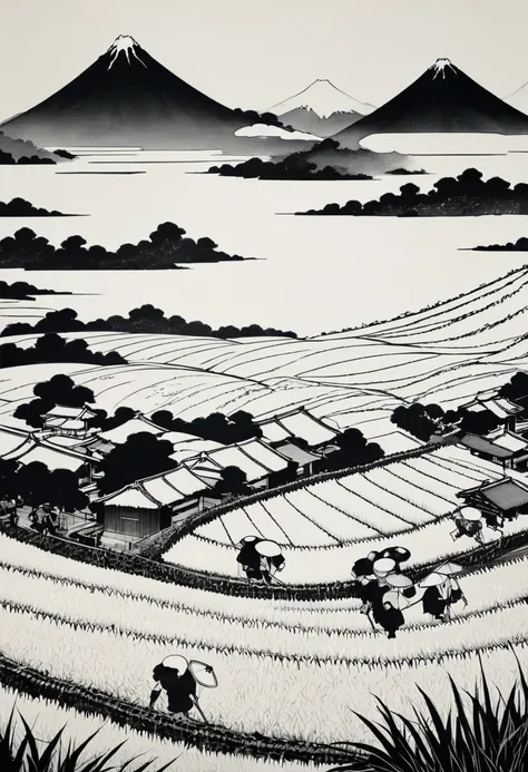 Rice cultivation、Japanese painting、Black and white、Ukiyo-e、tradition、Monochrome