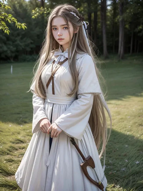 16-year-old woman, with long hair having a white shade, eyes with a white iris. carrying a bow on her back, with typical clothing of an archer from medieval times, at the bottom of a large grass bar. create a realistic image, with attention to detail and y...