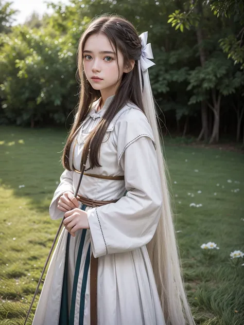 16-year-old woman, with long hair having a white shade, eyes with a white iris. carrying a bow on her back, with typical clothing of an archer from medieval times, at the bottom of a large grass bar. create a realistic image, with attention to detail and y...