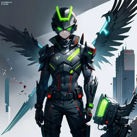 Futuristic Male soldier, futuristic mask, black baseball cap, green ski goggles, cybernetic mechanical vulture wings in the back of body, futuristic wrist pistols, power armour (without helmet), asian face, surrounding magic,