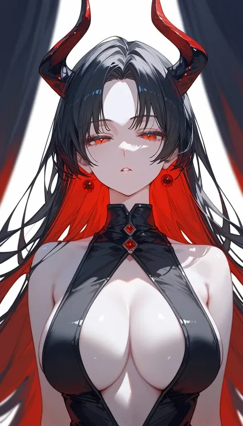 masterpiece, Score_9, Score_8_up, Score_7_up, front view, 1 woman, alone, black hair with red, long hair, parted bangs, dark red eyes, half-closed eyes, parted lips, expressionless, pale skin, large breasts, body suit, black bottom, best quality, horns up,...