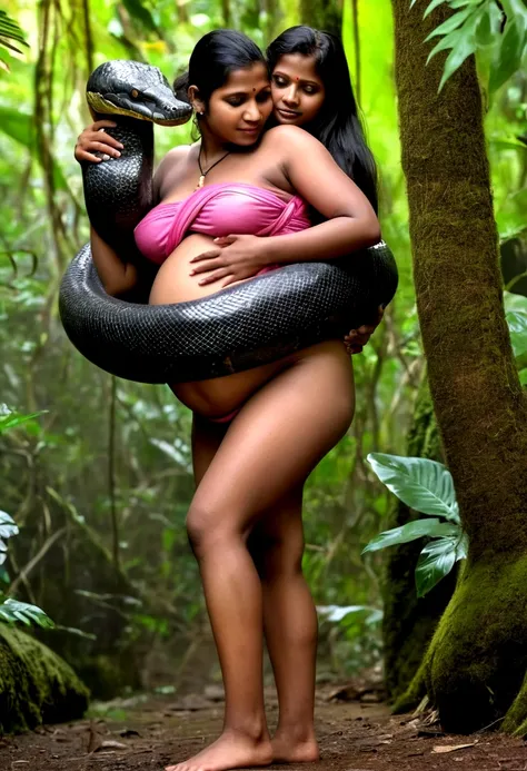 Pregnant Topless  pink thong wearing aroused horny beautiful happy young Indian teen girl vs  Giant colossal black anaconda monster wrapped around her body squeezing her in coiled embrace cuddling and kissing  sexual erotic bestiality  sex  realistic in th...