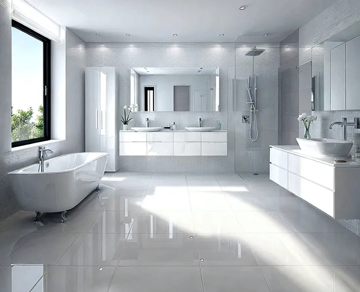 clean modern bathroom, (White clear Floor, White Clear Wall)