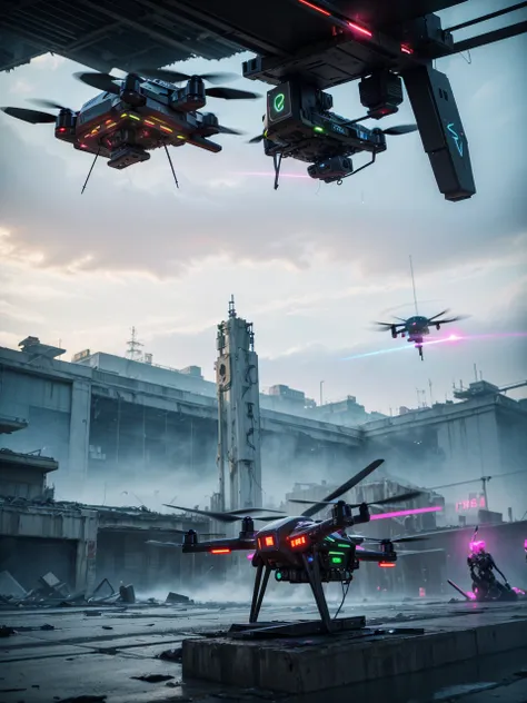 Amidst the chaos, hovering neon drones with sleek, angular designs patrol the skies. Their laser beams crisscross the air, casting eerie glows on the wounded parasite. These drones are the last remnants of a once-advanced civilization, now reduced to mere ...