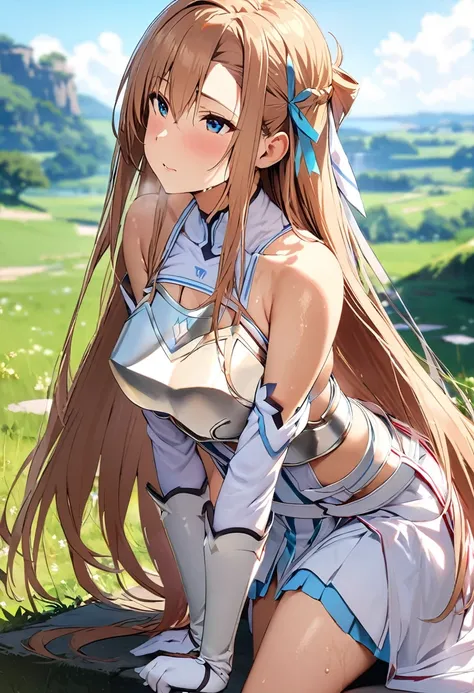 ((masterpiece)), Highest quality, Very detailed,(One Girl),Yuki Asuna、Asuna (stay),  bare shoulders, breastplate, armor, detached sleeves, gloves, white gloves, dress, red and white dress, Long Hair,Beautiful background ,Clothing,  chest, Bent body, Look t...