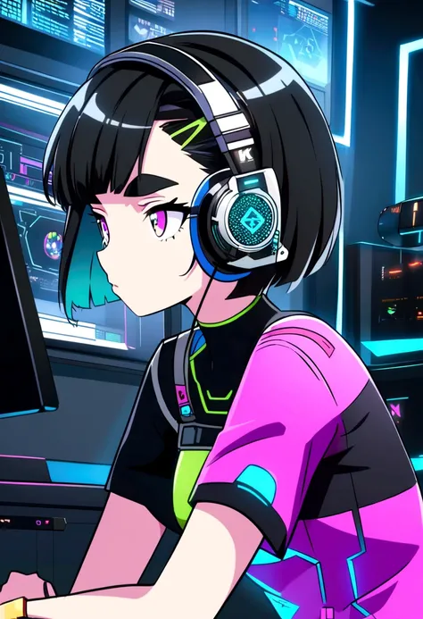 4 cards cartoon style, cyber punk, short hair, Thick eyebrows, Digital Punk, Anime Style 4k, Short sleeve gaming wear, Black Hair, Computer Lab, Over-the-head gaming headset