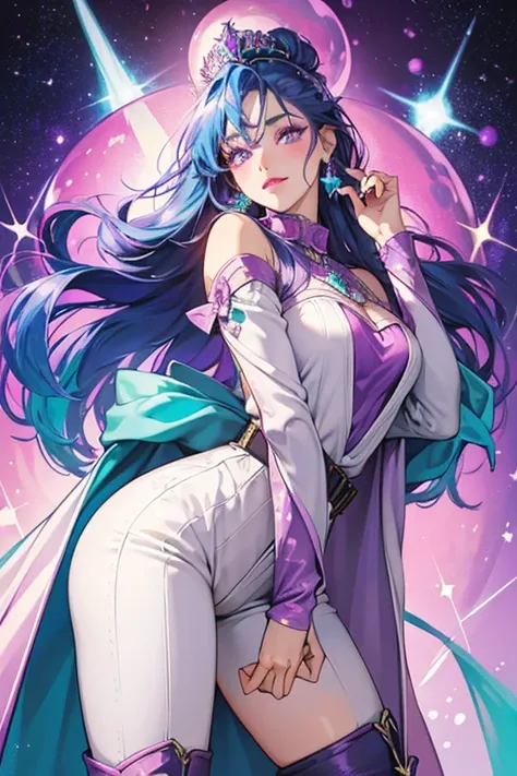 Cosmic Queen has fair skin with indigo eyes and violet lipstick. Her blushed cheeks are faint purple. She has glittering turquoise hair worn in several vertical rolls. She wears a glittery purple jumpsuit with a single sleeve, a silver belt, and silver cow...