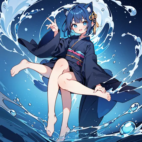 1 girl, masterpiece, highest quality, high definition, 8K, anime style, dark blue hair, cat ears, medium hair, blue eyes, smile, knee-length black kimono with blue pattern, 15 years old, cute , delicate, dancing, water droplet effect, high quality, 8K