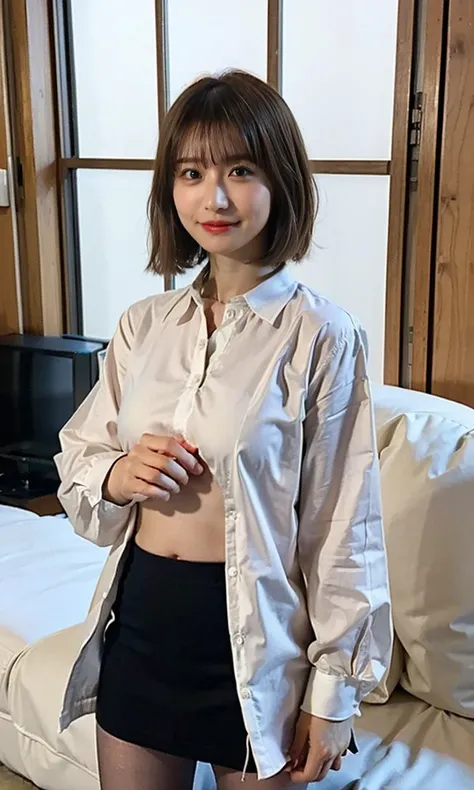 She puts her hand inside her white, luxurious panties and masturbates.。、.(((Pantyhose w.Medium Short Hair、Shoulder-length hair:1.4))).((A luxurious navy blue shirt with a navy blue collar、Standing photo、Medium Hair、服の上からでもわかるBig Breasts、Both hands are in f...