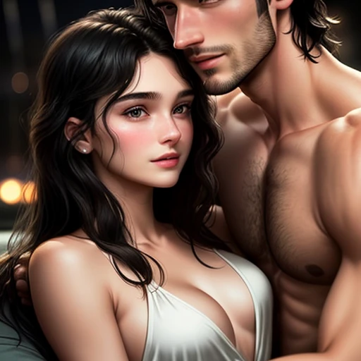 Couple kissing scene at night with rain. Dimly lit vibes. 
28-year-old man and 18-year-old girl, Detailed face, Detailed eyes, Handsome-masculine-cool-man with black hair topless and hot-seductive-sexy-beautiful-girl with light-brown long hair and blushing...