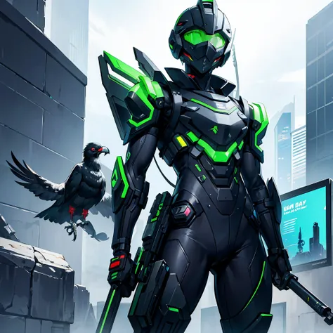 Futuristic Male soldier, futuristic mask, black baseball cap, green ski goggles, mechanical vulture in the back of body, futuristic wrist pistols, power armour (without helmet), asian face, surrounding magic