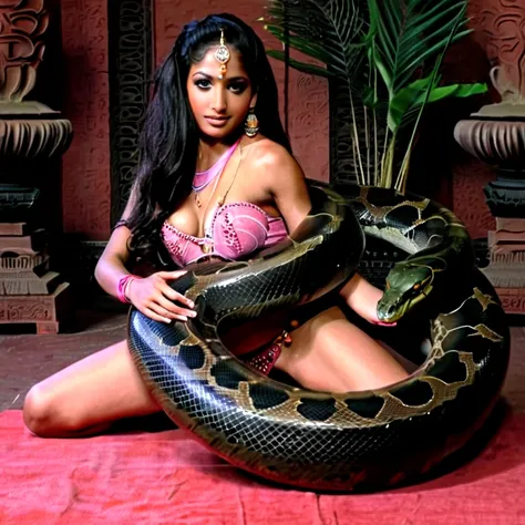  topless pink thong Happy Horny, aroused 1girl), beautiful kneeling indian young teen belly dancer girl  with  giant colossal black anaconda  squeezing her hard, wrapped in thick spiraling coils, constricted, struggle, gasping for air, snake attack, snake ...