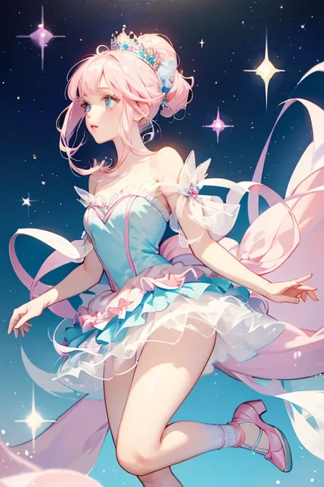 Crystal Queen has fair skin with pale blue doe eyes and pale pink blushed cheeks and lips. Her pale pink glittering hair is worn up in a ponytail with short straight cut bangs. She wears a blue pearl crown headband with a white and pale pink dress and blue...