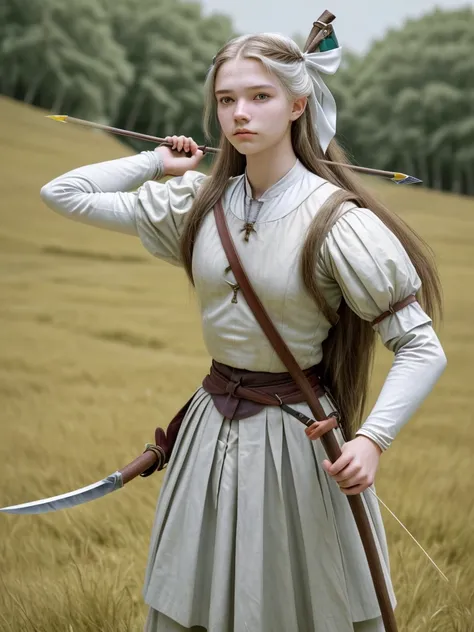 16 year old woman, having your hair long, Whites , olhos Whites. carrying a bow on his back, and a knife in his waist, with typical clothing of an archer from medieval times, at the bottom of a large grass plain. create realistic image, with attention to d...