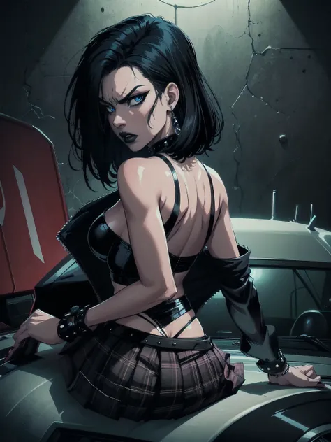 a woman with medium black hair, hair on shoulders,  wearing plaid skirt, black jacket,  blue eyes, gothic art, cute aesthetic with vibe, toon aesthetic, wearing gothic accessories, look like Cassie Hack, upper body, angry,  sitting on the car, garage backg...