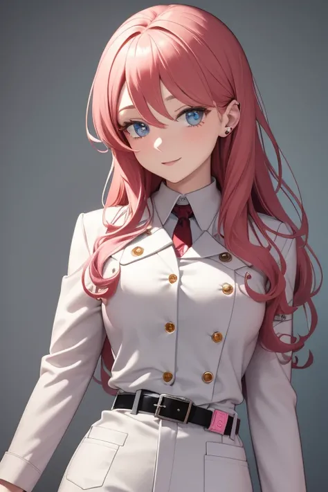 bonibel scientist Beautiful 40-year-old woman with long, wavy red hair with pink highlights, pierced ears, honey-colored eyes, open white doctors coat, blue jeans, white shirt with candy print, black belt, looking directly at the viewer. a white background...