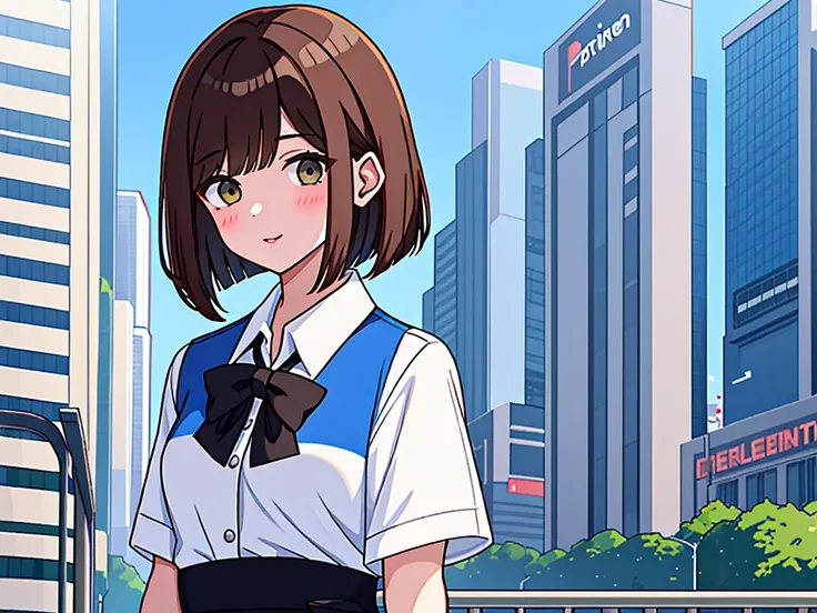 news stadio, faceless office lady, brown hair, bob cut, upper body. small wipe of park, detailed news program, [pixel art]