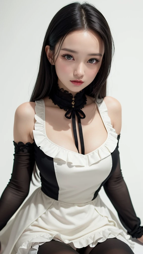 (((forehead、Northern Europe、White people、beautiful girl、Black Hair、White background、Cute Costumes)))、table top, highest quality, figure, super detailed, finely, High resolution, 8k wallpaper, Perfect dynamic composition, detailed and beautiful eyes, Deco o...