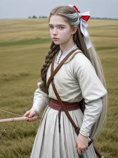 16 year old woman, having your hair long, Whites , olhos Whites. carrying a bow on his back, with typical clothing of an archer from medieval times, at the bottom of a large grass plain. create realistic image, with attention to details and your hair.