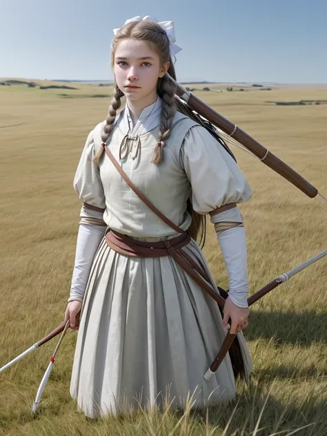 16 year old woman, having your hair long, Whites , olhos Whites. carrying a bow on his back, with typical clothing of an archer from medieval times, at the bottom of a large grass plain. create realistic image, with attention to details and your hair.