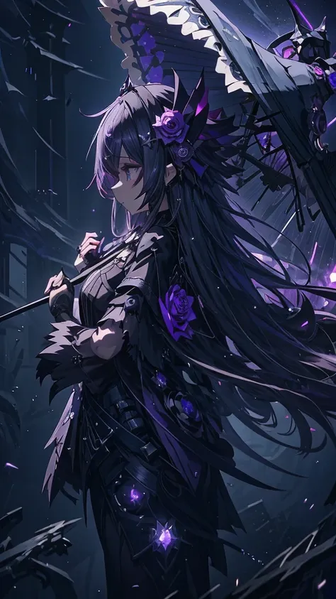 Anime girl in a purple dress holding a purple rose and a black and white umbrella, Shadowverse Style, Stylish Dark Witch, dark witch character, Gothic Maiden Anime Girl, Dark Sorceress Full View, Dark magician full body pose, Astral Witch Outfit, mechanize...