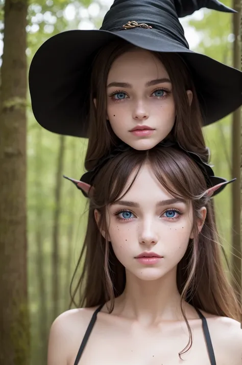 natural witch, with witch hat, detailed and delicate face, heterochromia in the eyes and moles on the body