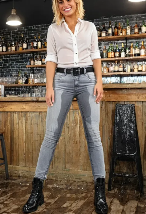 (same character same clothing same shoes), attractive blonde woman wearing skinny jeans, black belt, combat boots, white blouse, standing in a crowded bar,  wetting, big smile, pee stains are gleaming wet, 