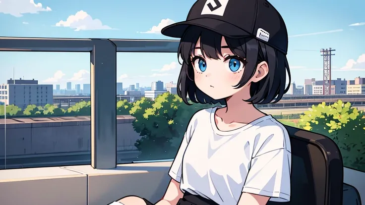 1girl, solo, blue eyes, (detailed eyes), flat chest, short hair, black hair, baseball cap, white cap, ((white t-shirt)), simple t-shirt, black skirt, black socks, upper body, ((masterpiece, illustration, best quality)) sitting by the train window viewing t...