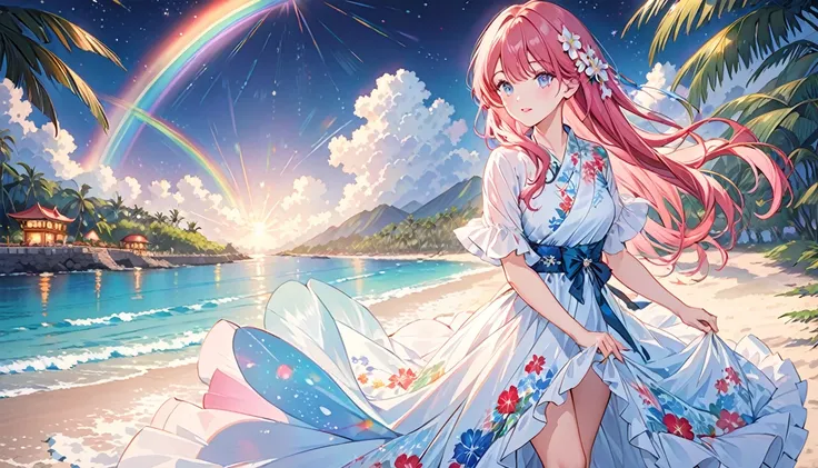 ``A beautiful woman with long pink hair and beautiful eyes wearing an elegant and detailed hawaiian dress.The dress must have intricate designs and patterns to give it a luxurious and luxurious feel.In the background , the image should depict a romantic Ha...