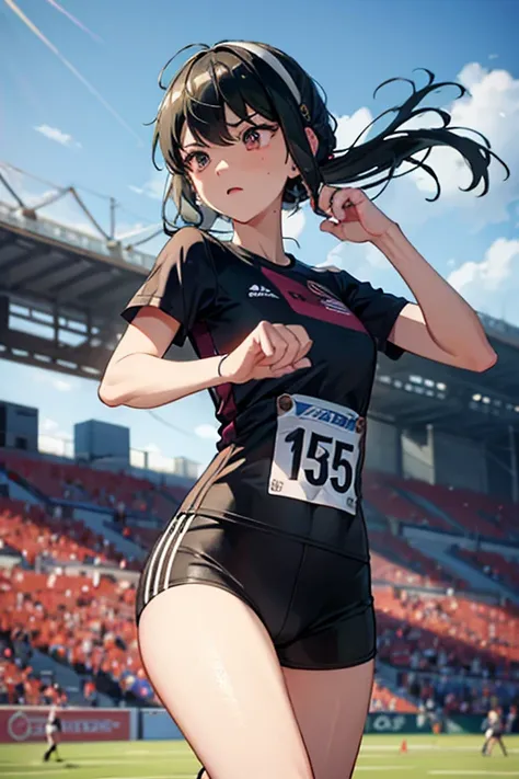 top quality, Yor forger, wear a running jersey, field background, sweating