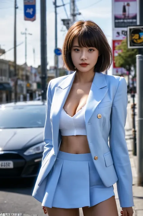 a 19 year old face of the most beautiful actress in the world, the perfect body proportions of a female, blazer is worn with formal shirt on female upper body, female crotch in panties between bare legs are seen a little thanks to skirt is too short, the s...