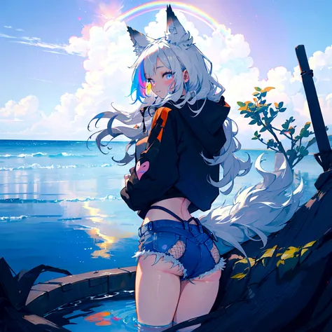 a cute adult male with wolf ears, long white hair, long locks, has a wolf tail, wearing a loose cropped black hoodie, wearing a pair of denim short shorts and fishnet stockings, thick thighs, wide hips, relaxing on mound of fluffy multi colored kawaii plus...