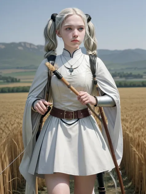 A 16-year-old girl with long, flowing white hair tied in pigtails, and striking white eyes. She is dressed in traditional medieval archer attire, including a leather tunic and a green cloak. She wears arm guards and carries a quiver full of arrows on her b...